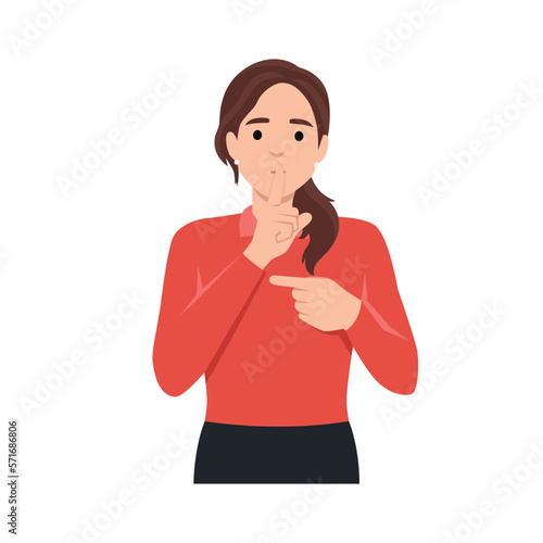 Young woman Shh! Gesture is quieter. The concept of male secret. A man asks for silence and pointing to side. Flat vector illustration isolated on white background