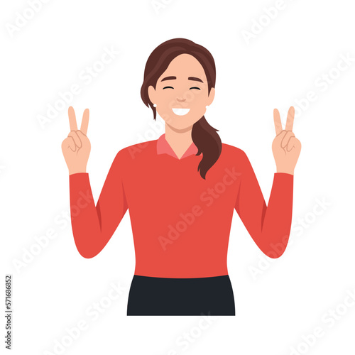 Young woman with peace signs. sign language gesticulation, peace gesture. Good mood, gladness joyfulness and positive emotion concept. Flat vector illustration isolated on white background