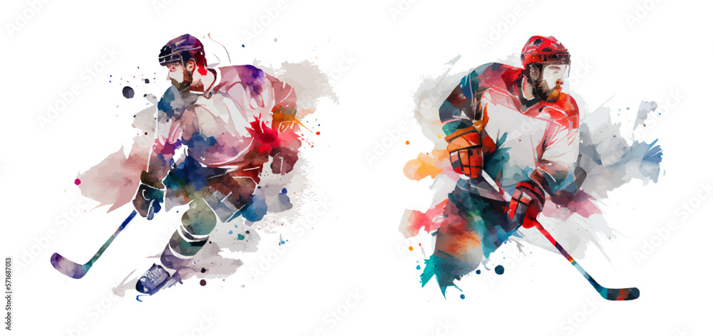 Set of watercolor compositions of a hockey player on a white background. Ice hockey, puck, stick, sport, competition. Ideal for postcard, advertisement, book, poster, banner. Sports concept. Vector - obrazy, fototapety, plakaty 