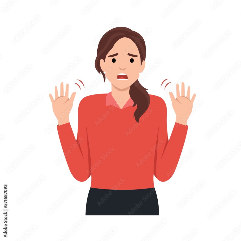 Young woman making stop with her hands. Say No or not me. Flat vector illustration isolated on white background Young woman making stop with her hands. Say No or not me. Flat vector illustration isolated on white background