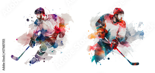 Set of watercolor compositions of a hockey player on a white background. Ice hockey, puck, stick, sport, competition. Ideal for postcard, advertisement, book, poster, banner. Sports concept. Vector