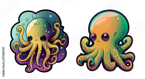 Cartoon set of cute octopuses isolated on white background. Octopus stickers. Design for game interface, book, sticker, poster. Games concept. Vector illustration