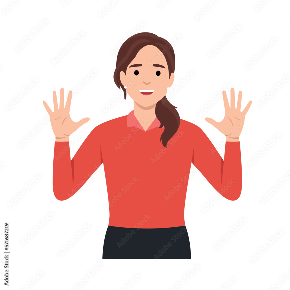 Young woman Character raise her hands to show the count number 10. Flat vector illustration isolated on white background Young woman Character raise her hands to show the count number 10. Flat vector illustration isolated on white background