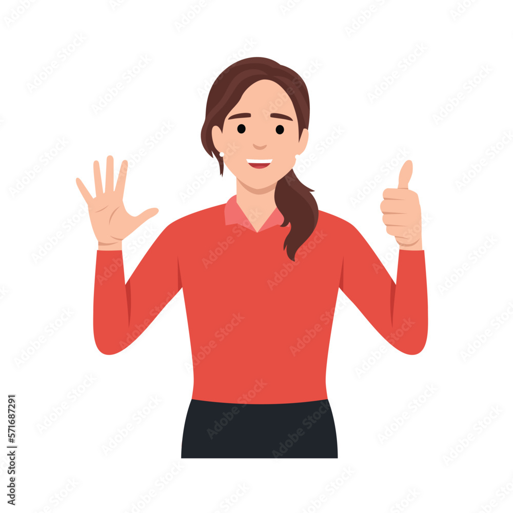 Young woman Character raise her hands to show the count number 6. Flat vector illustration isolated on white background Young woman Character raise her hands to show the count number 6. Flat vector illustration isolated on white background