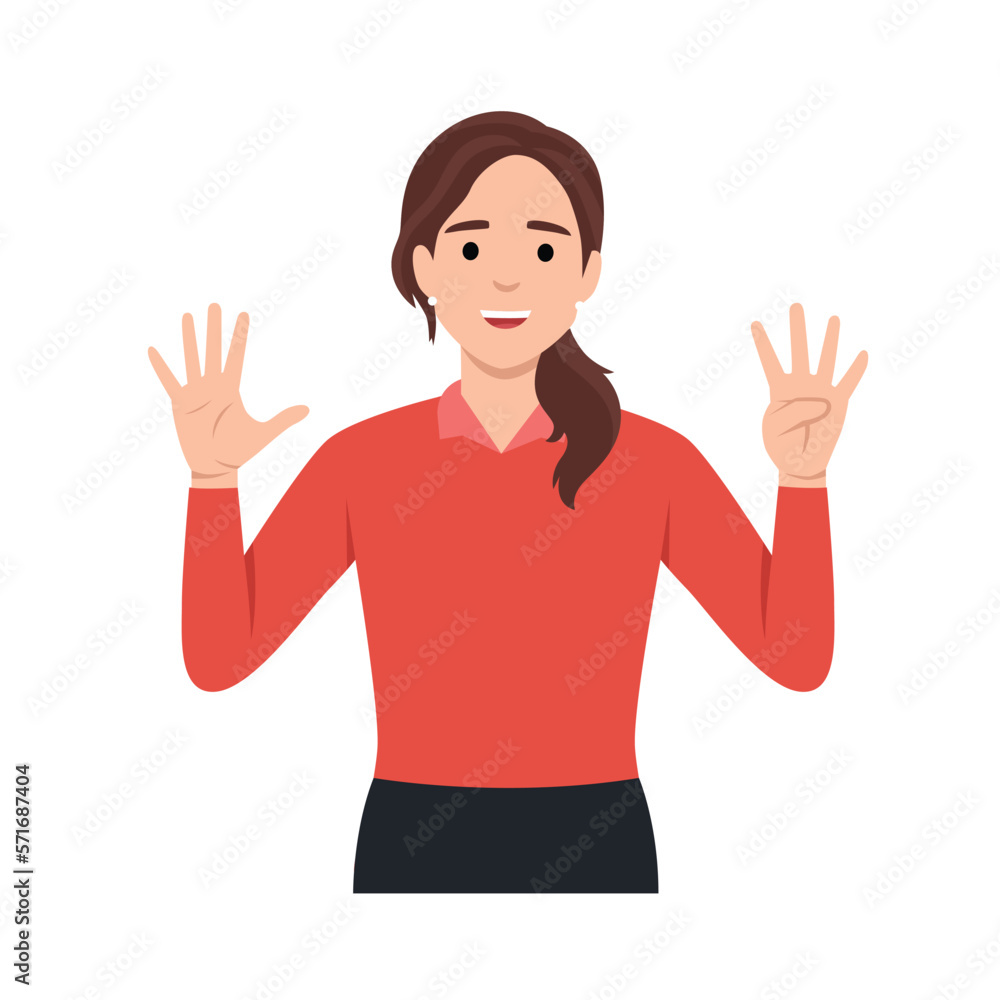 Young woman Character raise her hands to show the count number 9. Flat vector illustration isolated on white background Young woman Character raise her hands to show the count number 9. Flat vector illustration isolated on white background