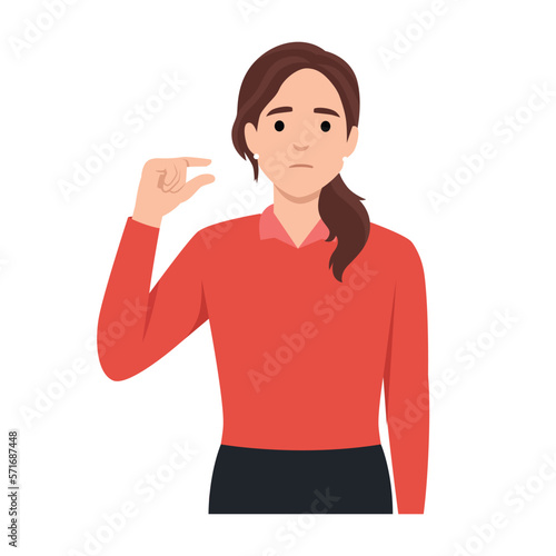 Little bit and small amount concept. Smiling young woman cartoon character showing little bit gesture. Flat vector illustration isolated on white background