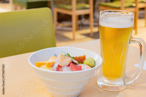Photography Close up shot of cold beer with fresh Japanese style sashimi