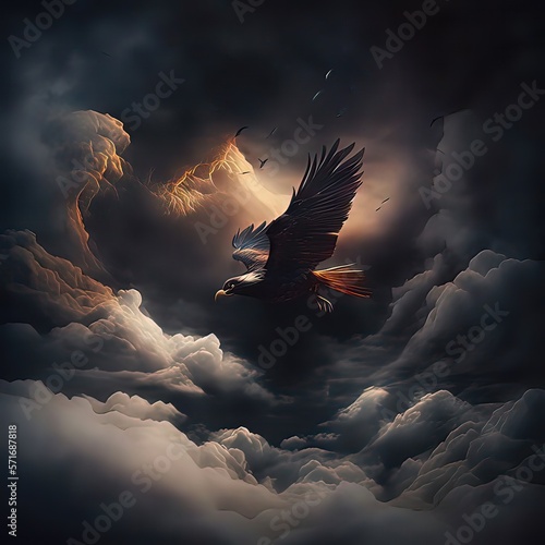 The eagle soars above the black clouds. Wild animals, wallpaper, nature, freedom symbol, bird, high resolution, art, generative AI photo