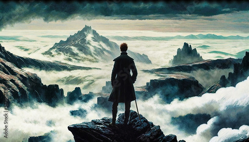 Leinwand Poster An elegant man facing mountain peaks over a sea of clouds, in the style of Caspa