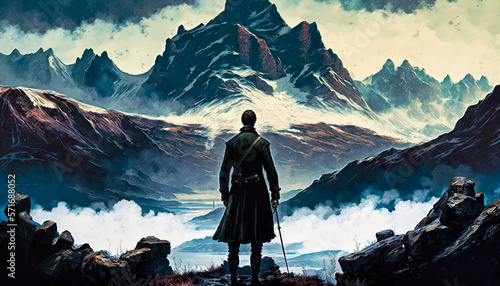 An elegant man facing mountain peaks over a sea of clouds, in the style of Caspar David Friedrich - generative ai photo