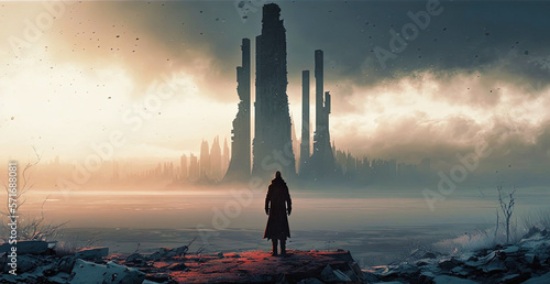 An elegant man facing a post-apocalyptic cityscape, with skyscrapers, in the style of Caspar David Friedrich - generative ai photo