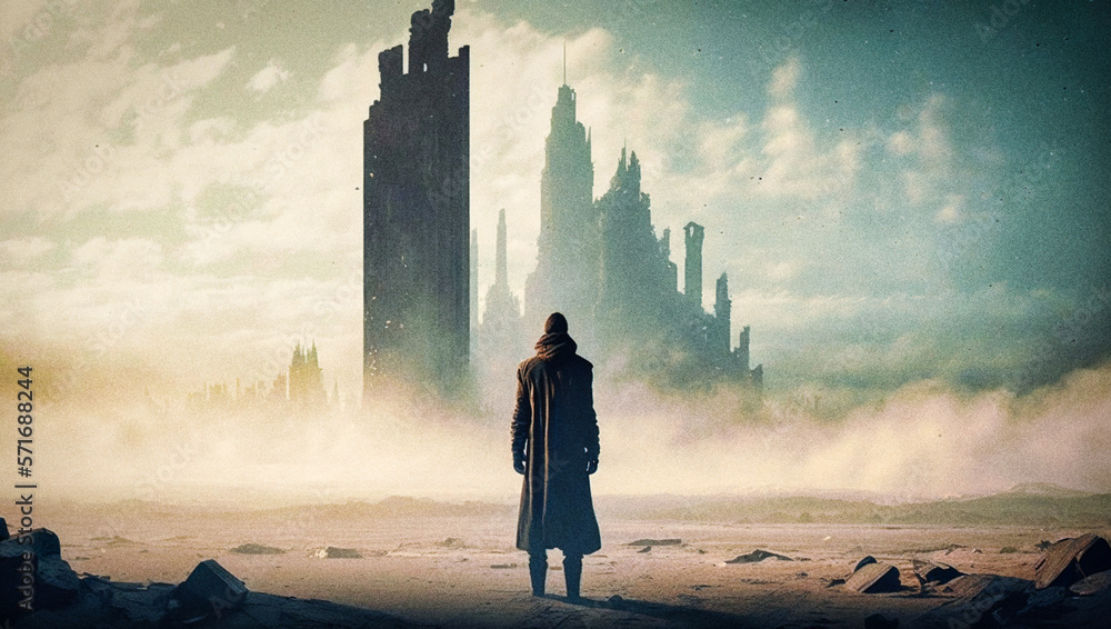 An elegant man facing a post-apocalyptic cityscape, with skyscrapers, in the style of Caspar David Friedrich - generative ai