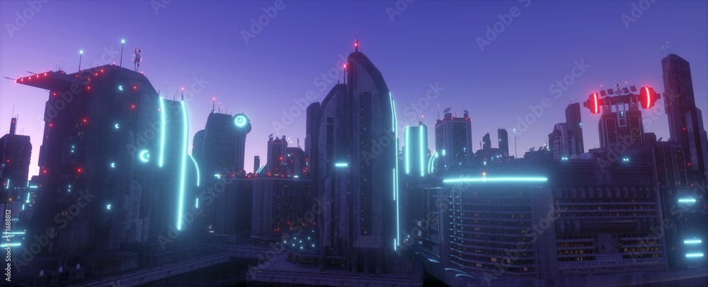 Neon urban future. Panorama of a futuristic city. Wallpaper in a cyberpunk style. 3D illustration. Huge futuristic skyscrapers glowing with neon light against the background of the purple night sky.