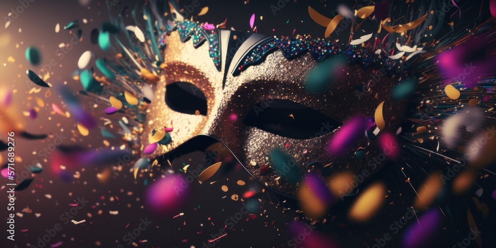 Festa de carnaval brasileiro, swing, máscara de carnaval com confete, porpurina e fantasia. GENERATIVE AI