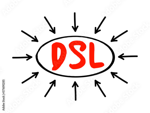 DSL Digital Subscriber Line - technology that are used to transmit digital data over telephone lines, acronym text concept with arrows