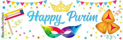 Happy Purim, Chag Purim Sameach - traditional greeting with colorful carnival mask. Colorful carnival mask, hamentashen, raashan, crown, garlands and confetti. Vector illustration