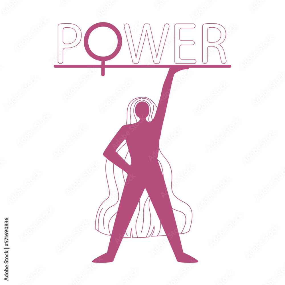 Girls power, girl holding word, International Women's day, inscription, text, support, happy, icons, simple design, white background
