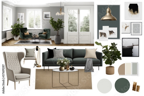 Scandinavian style interior design elements on white background living room mood board. © AVC Photo Studio
