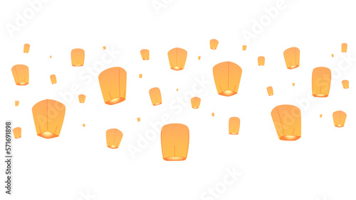 Sky lanterns isolated on white background paper flying lantern lights with flame floating lamps diwali festival. Chinese New Year, loy Krathong Day vector illustration.