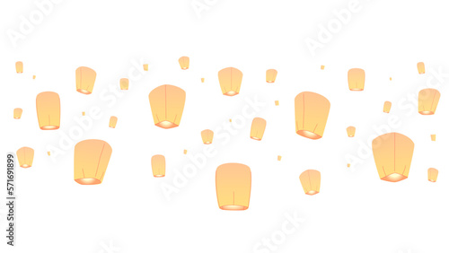 Sky lanterns isolated on white background paper flying lantern lights with flame floating lamps diwali festival. Chinese New Year, loy Krathong Day vector illustration.