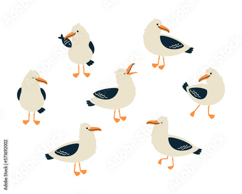 Cute seagull characters set. Isolated on white background. Cartoon hand drawn vector illustration.