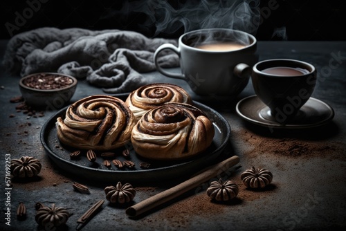 Delicious cinnamon buns and coffee on the black table. Dark toned photo generative ai