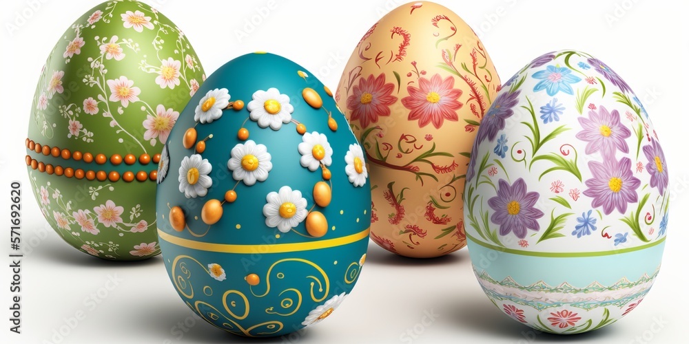 Easter decorated eggs stand in a white background. Decorative easter concept Easter card Easter decorated eggs stand in a white background. Decorative easter concept Easter card