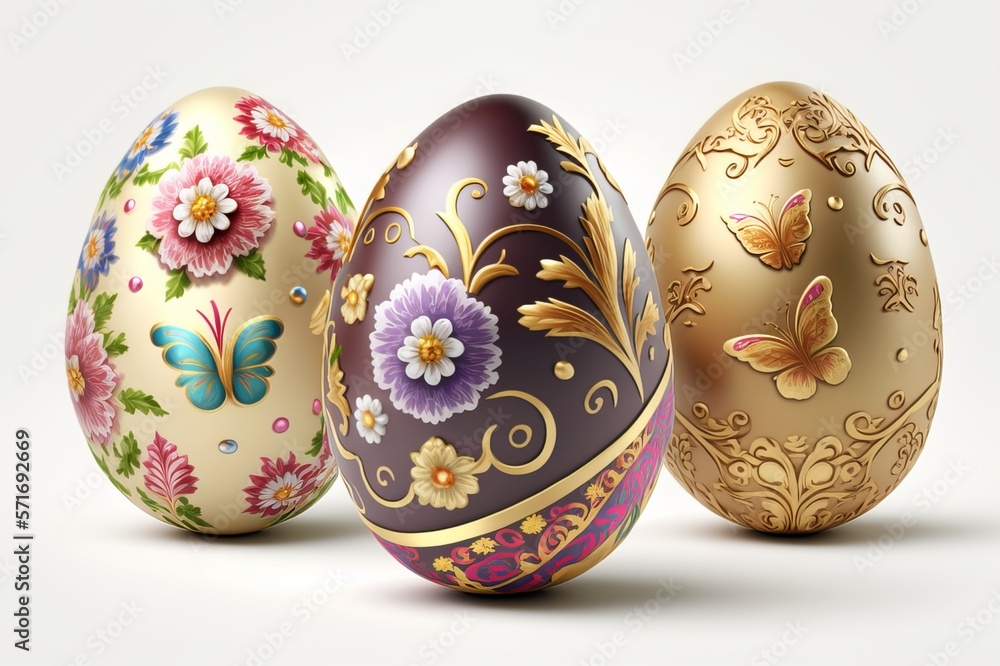 Easter decorated eggs stand in a white background. Decorative easter concept Easter card Easter decorated eggs stand in a white background. Decorative easter concept Easter card