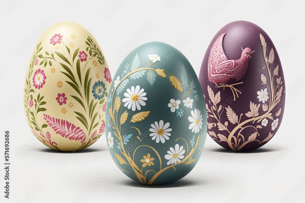 Easter decorated eggs stand in a white background. Decorative easter concept Easter card Easter decorated eggs stand in a white background. Decorative easter concept Easter card