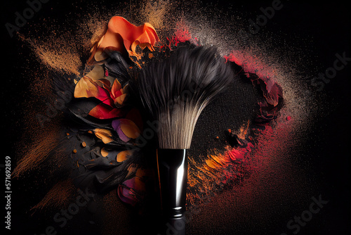 Make-up brushes on black background with colorful splashes of paint. Generative AI photo