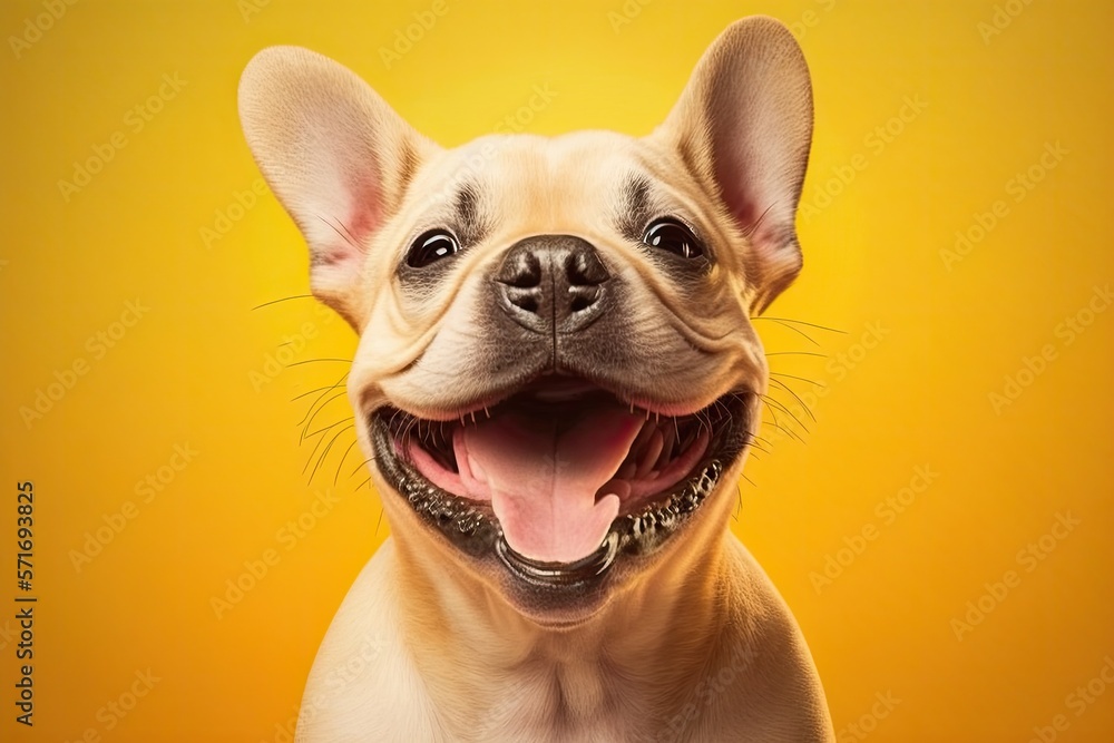 Happy puppy dog smiling on isolated yellow background generative ai