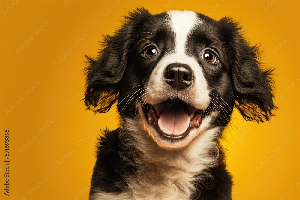 Happy puppy dog smiling on isolated yellow background generative ai Happy puppy dog smiling on isolated yellow background generative ai