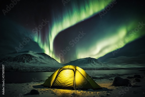 A glowing yellow camping tent under a beautiful green northern lights aurora. Travel adventure landscape background Generative AI