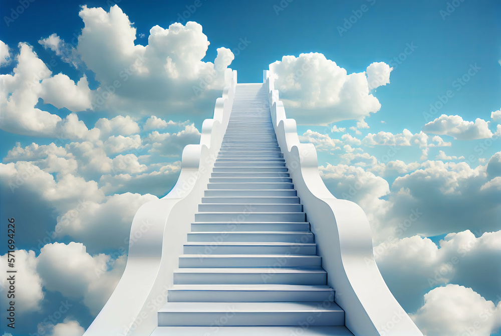A straight white staircase to the cloud concept background. Generative AI digital art. A straight white staircase to the cloud concept background. Generative AI digital art.