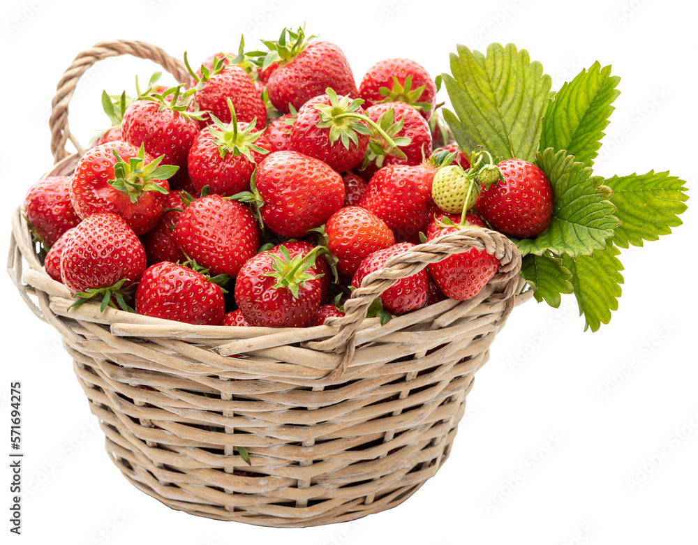 PNG. Ripe strawberries in a basket on a white background