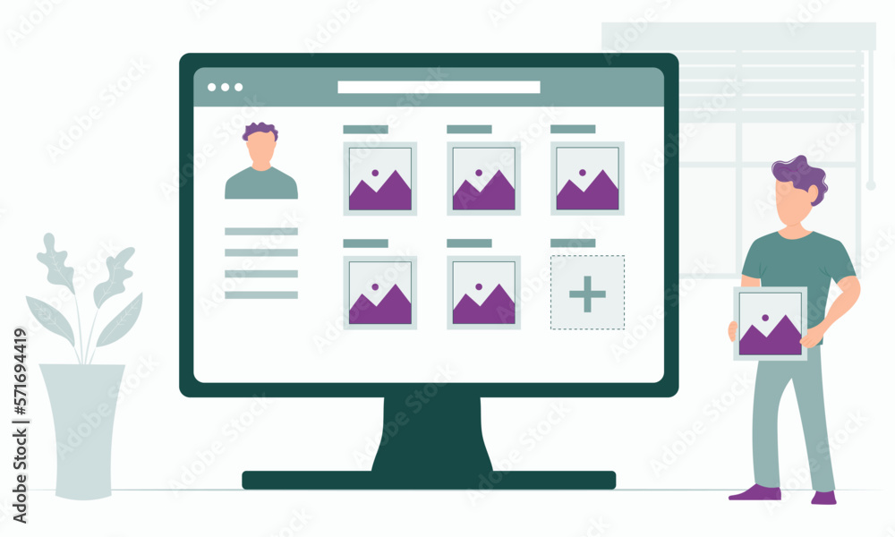 Content creation concept - content creator adding image Content creation concept - content creator adding image