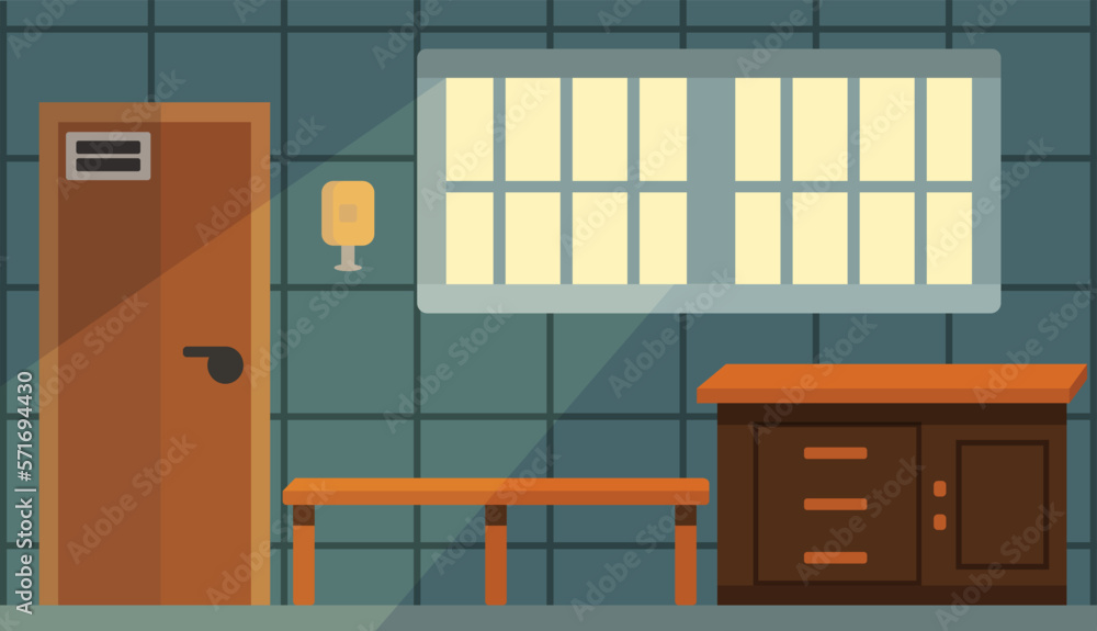 prison cell, punishment cell, prison, detention room with barred windows. Cartoon simple flat background, vector graphics. prison cell, punishment cell, prison, detention room with barred windows. Cartoon simple flat background, vector graphics.