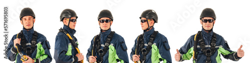 Set of industrial mountaineering worker in uniform on white empty isolated background, snapshot collection. Rope access laborer posing. Concept of industry urban works. Copy advertising text space