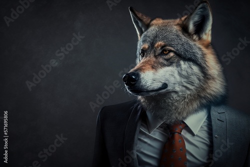 Wolf - Isoliertes Porträt von einem Tier in einem Business Anzug und Krawatte - Generative AI