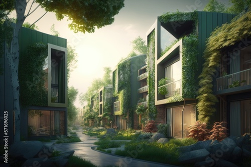 Residential area with ecological and sustainable green residential buildings, low-energy houses with apartments and green courtyard generative ai