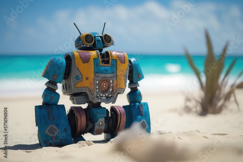 A personal assistant robot on the beach, meditating 