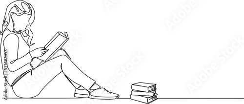 continuous single line drawing of woman sitting on floor reading a book, line art vector illustration