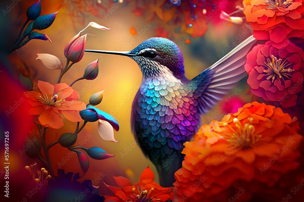 Colorful hummingbird with beautiful flowers