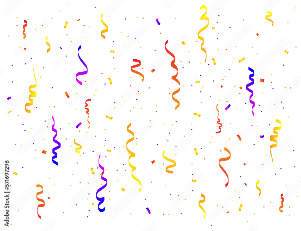 Colorful confetti and ribbon falling on transparent background. Vector illustration.