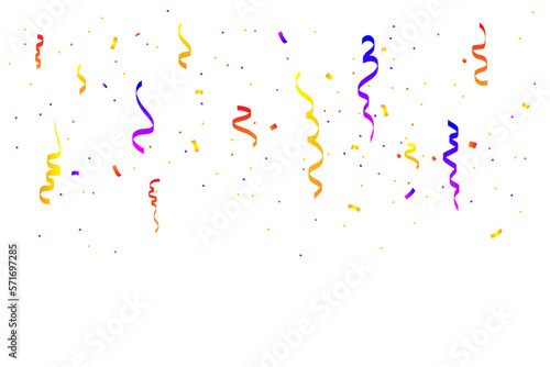 Colorful confetti and ribbon falling on transparent background. Vector illustration.