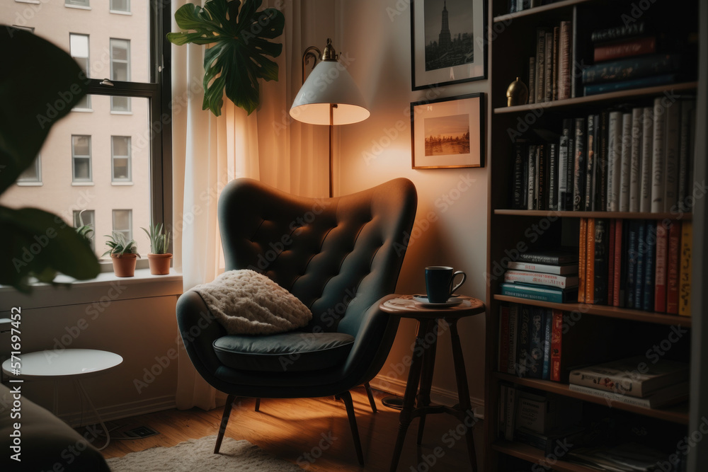 modern reading nook in an apartment. Illustration Generative AI - obrazy, fototapety, plakaty 