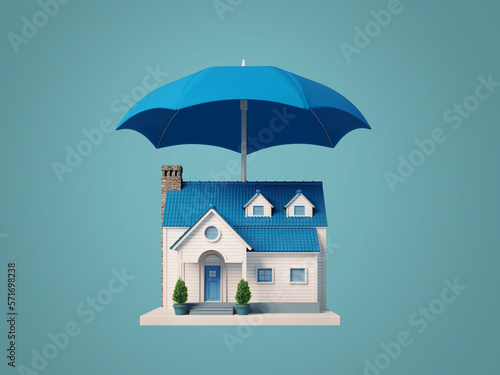 House with umbrella.Concept for home insurance.3d rendering