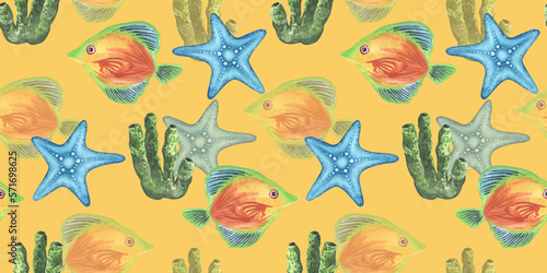 Seamless watercolor fish pattern. Endless texture. Hand draw. Blue tang fish, Red discus fish, , coral, shell, seaweed