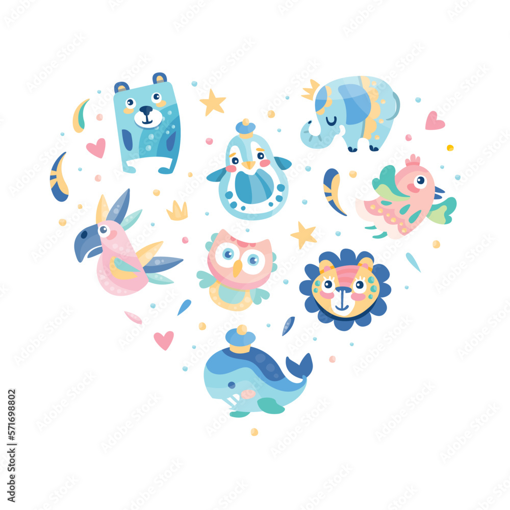 Cute animals in heart shape. Childish prints for apparel, stickers, cards and nursery vector illustration Cute animals in heart shape. Childish prints for apparel, stickers, cards and nursery vector illustration