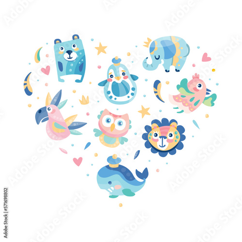 Cute animals in heart shape. Childish prints for apparel, stickers, cards and nursery vector illustration
